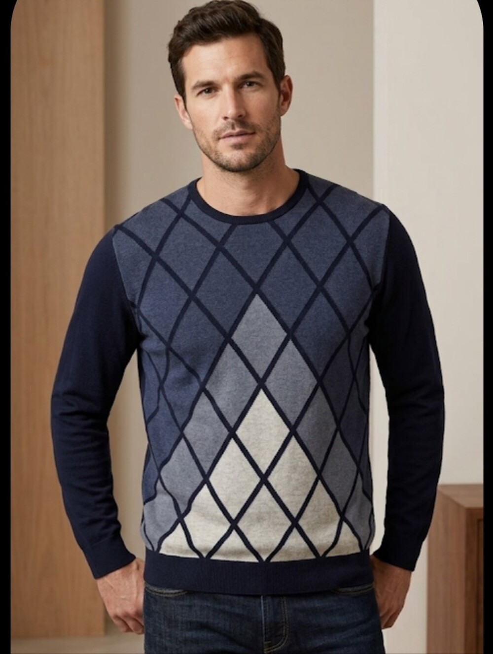 Vtg Cezani black pima cotton pullover Sweater mens L geometric ombre
